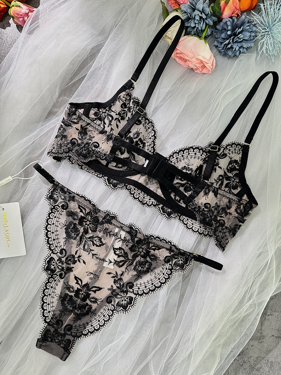 Black Lace Embroidered Lingerie Set With Sheer Details Hello.LA.Girl